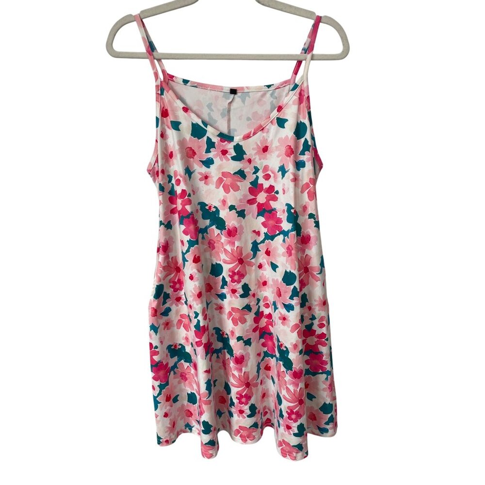 Floral Spaghetti Strap Girly Mini Dress Size Large Pink Teal Boho Summer